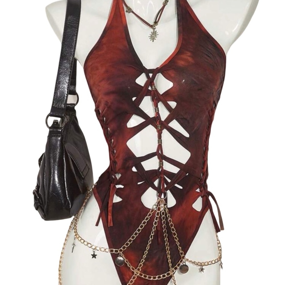 Lace-Up Halter Bodysuit in Rust Brown